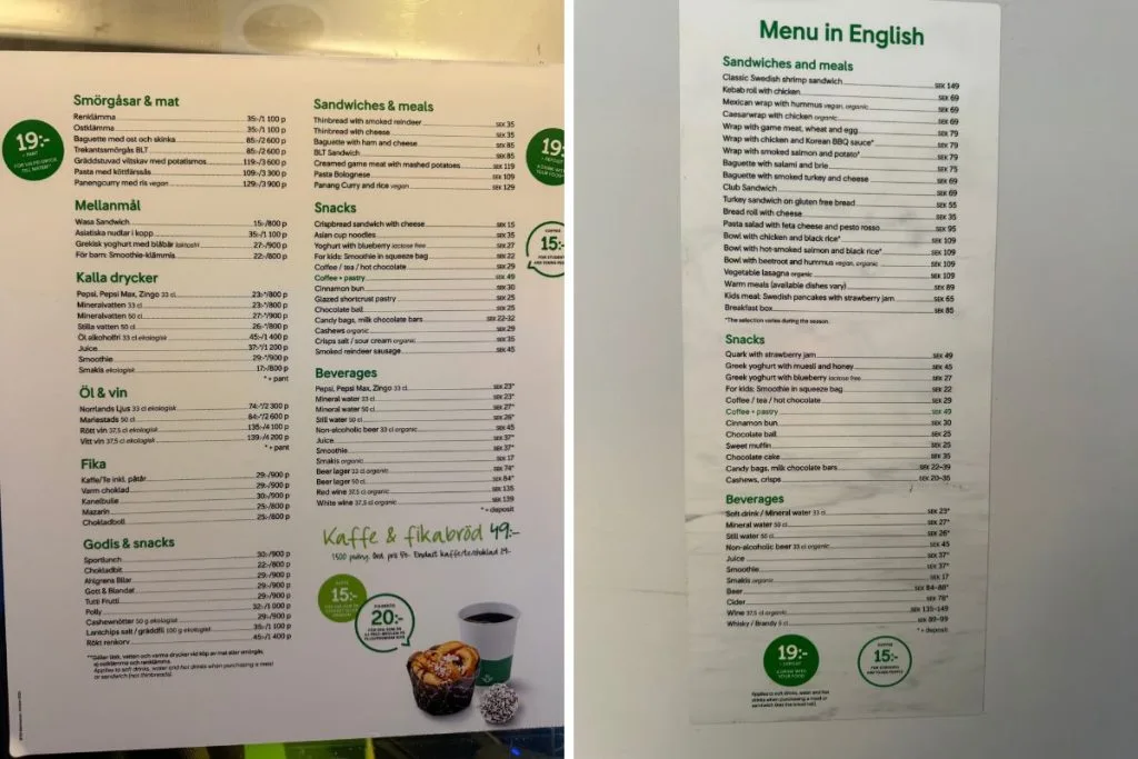 SJ night train dining car menu listing reindeer, game meat, and coffee prices in Swedish and English