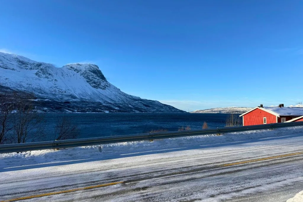 Daylight view of the snowy fjord and mountains near our Narvik Airbnb