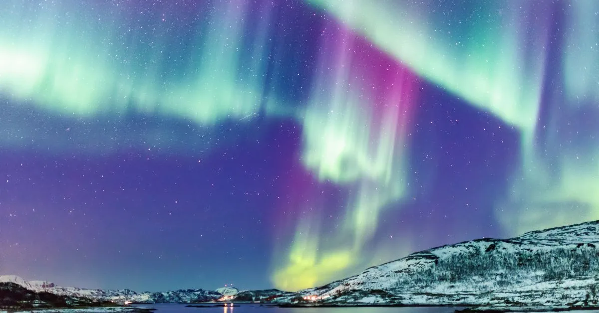 Aurora borealis in green and purple over a snowy fjord near Narvik, Norway