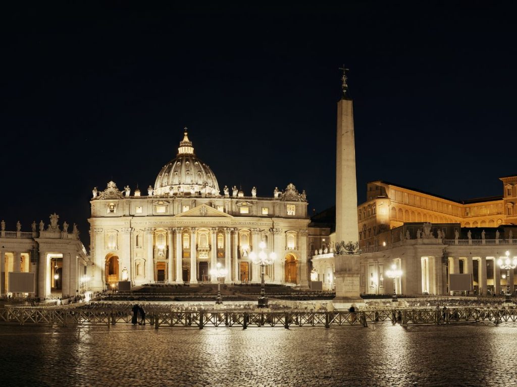 St. Peter's Square at night during Friday evening Vatican strategy for Rome in 24 hours