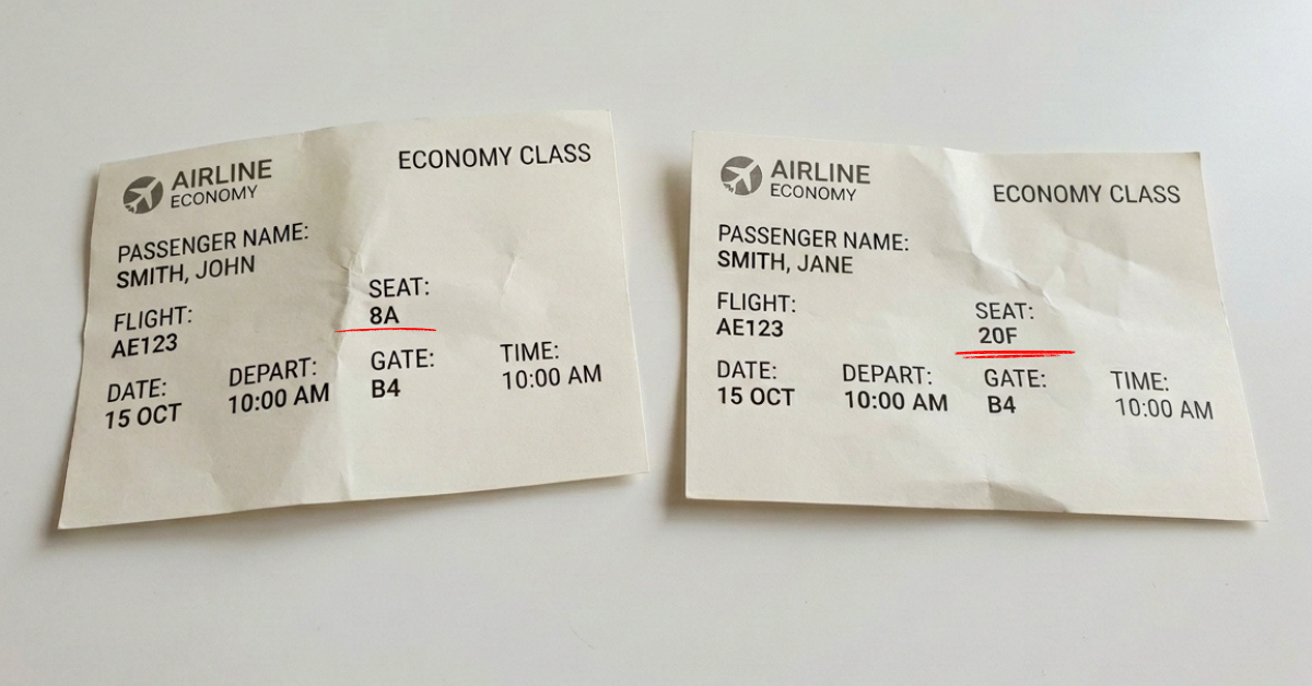 Plane tickets of people traveling together but separated by the airlines after checking