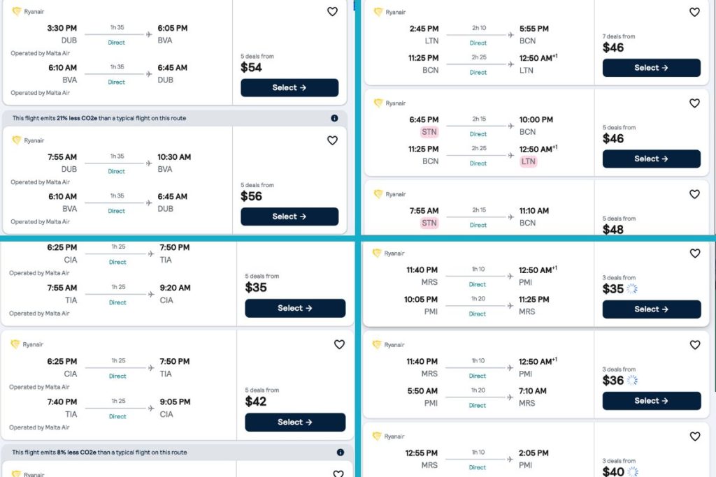 Budget airline fare comparison showing cheap European flights on Ryanair and easyJet