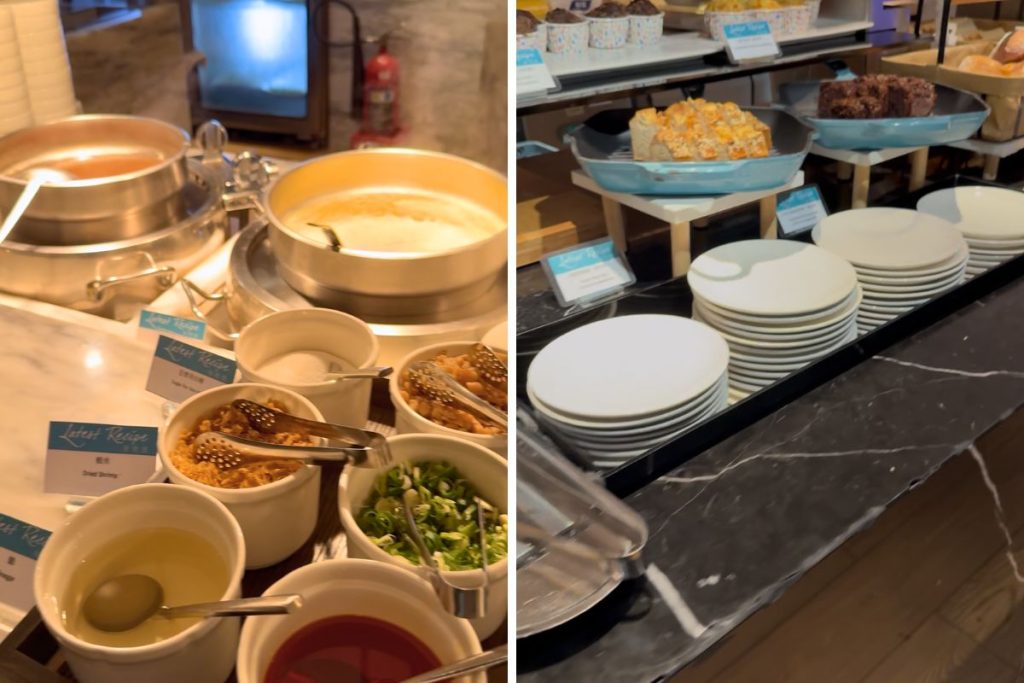 Breakfast buffet at Le Méridien Taichung with multiple stations including Japanese, Chinese, Western, and noodle bar