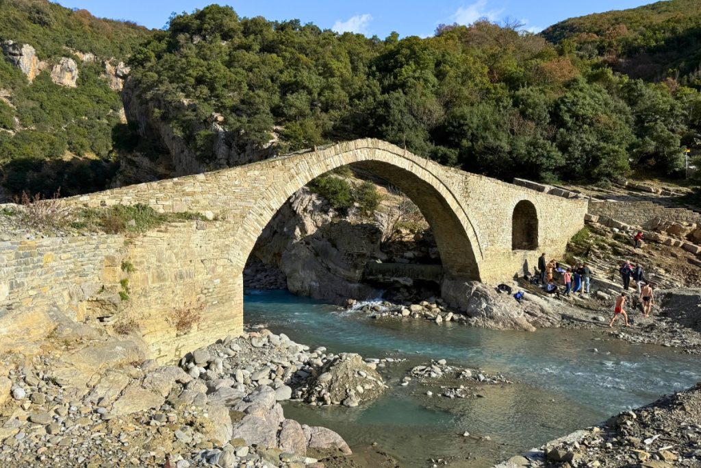 Bridge over river at Benje hot springs Albania in winter