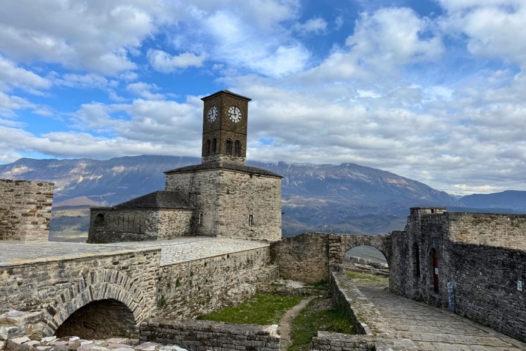 Gjirokastër castle and old town stone houses Albania in winter