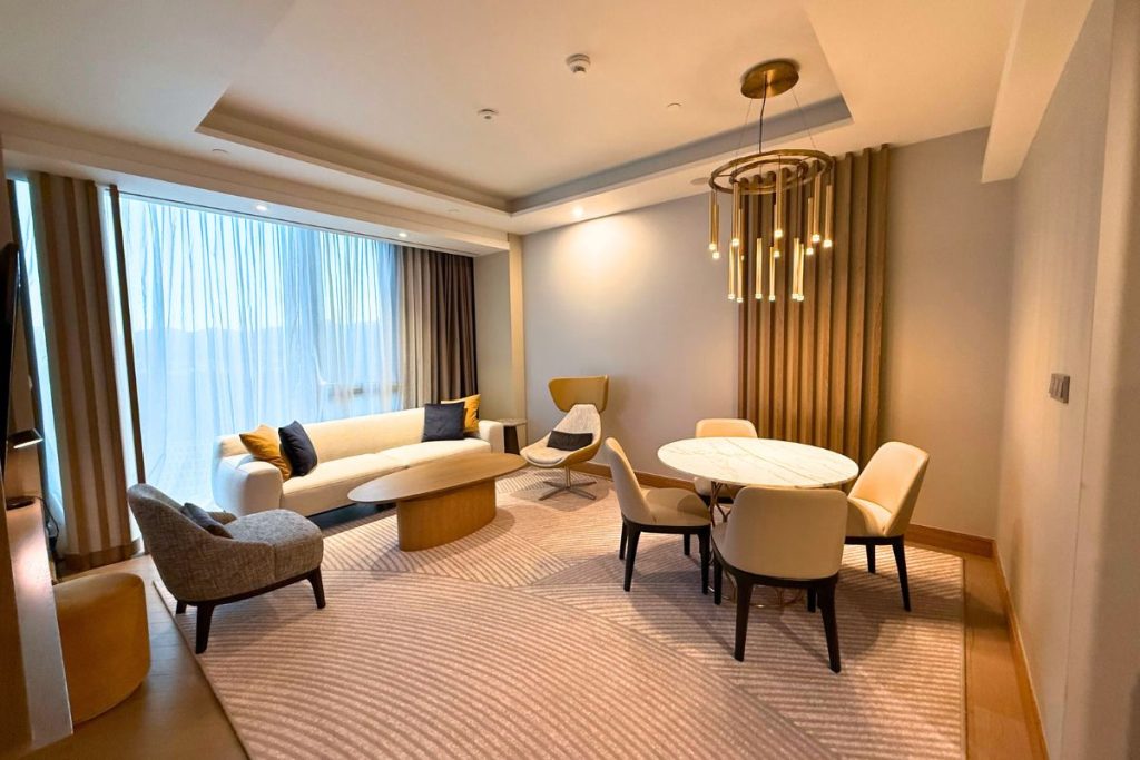 Living room bar area and coffee station in the Premier Suite at the Tirana Marriott