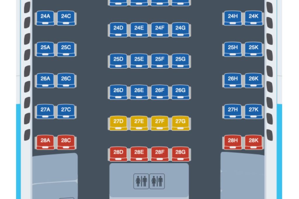 Aircraft seat map showing recline and lavatory rows