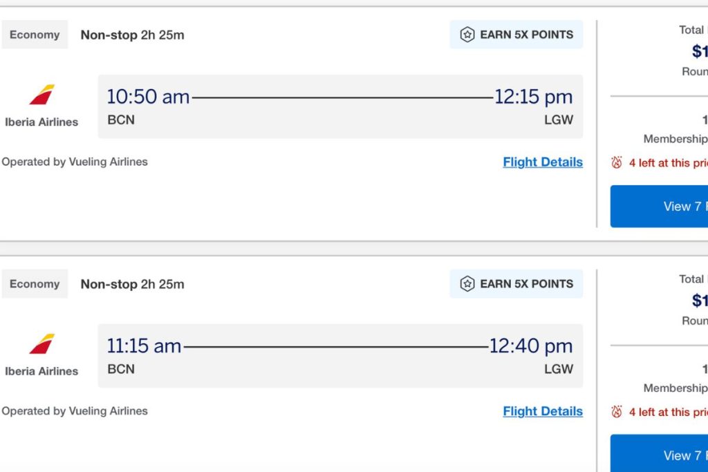 Credit card travel portal showing limited flight inventory