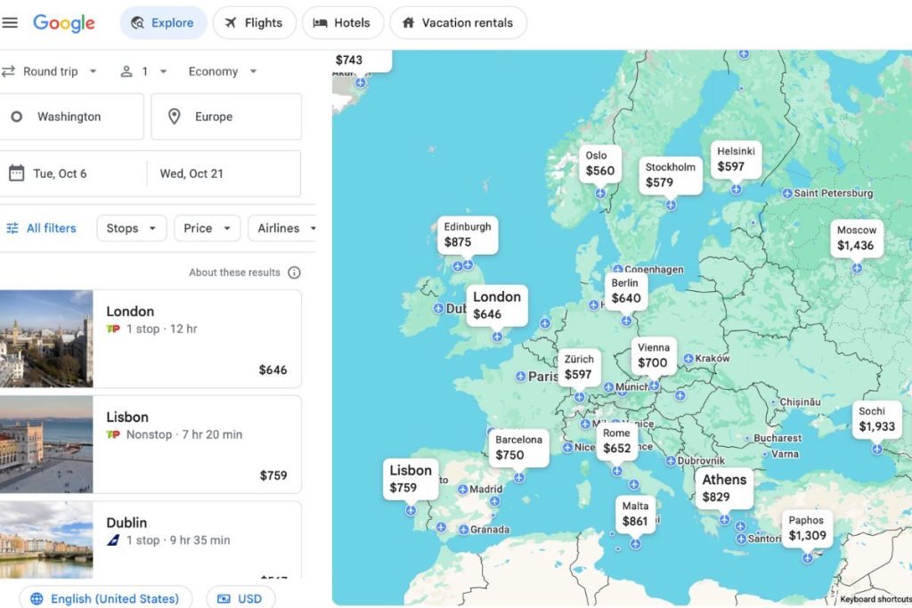 Google Flights map view with fares across Europe