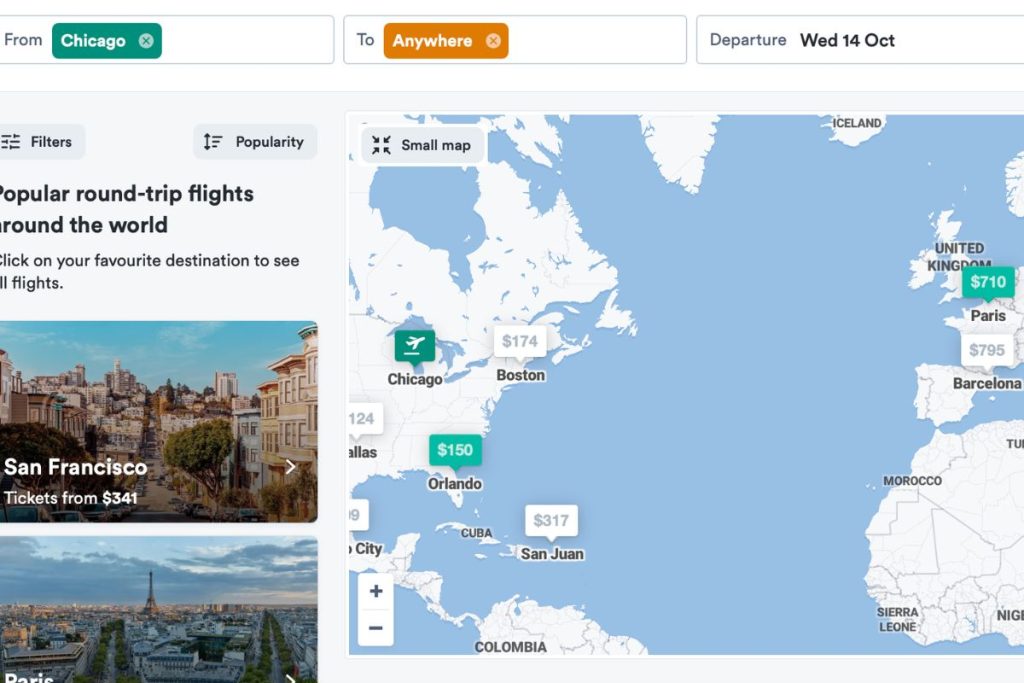 Kiwi.com Anywhere search showing cheap flight destinations on a map