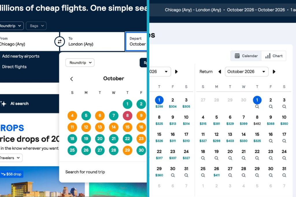 Skyscanner monthly price calendar with flexible dates