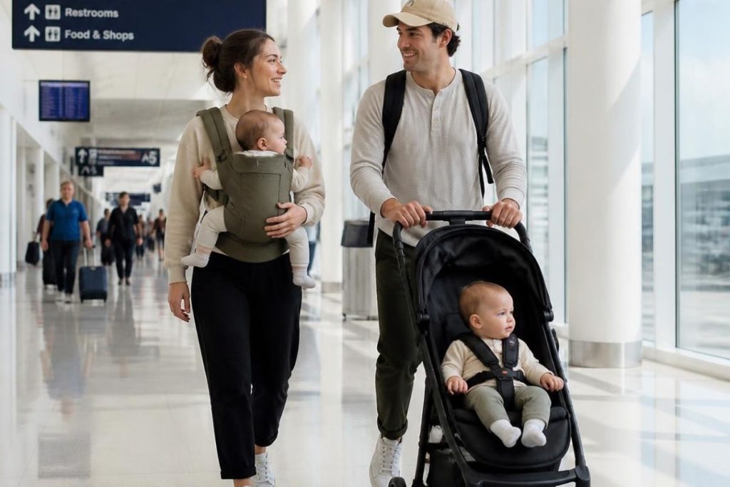 Best stroller for flying with twins. Parent babywearing one twin while pushing a single stroller through the airport
