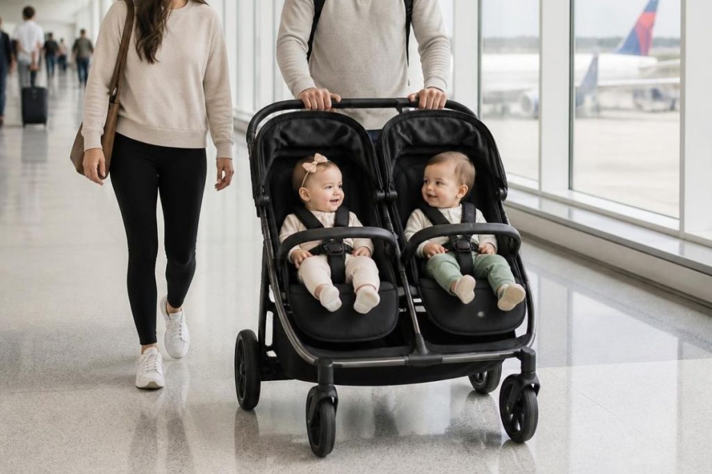 Double stroller being pushed through an airport terminal