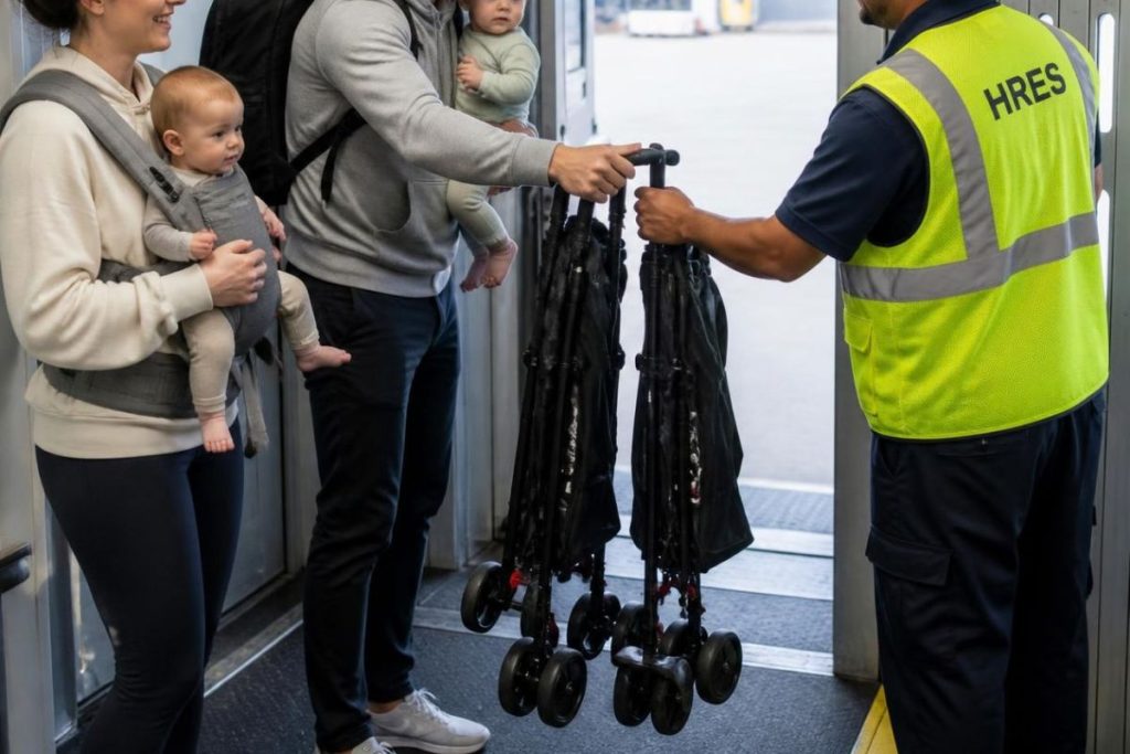 Stroller tagged for gate-check at the airport jetway door