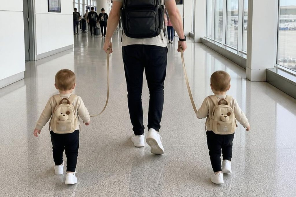 Toddler walking through the airport wearing a harness backpack