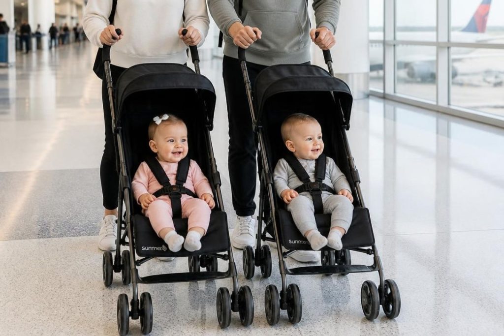 Twins in two single umbrella strollers side by side at the airport